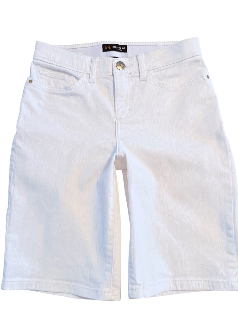 LEE White Denim Flex Motion Knee-Length Shorts Regular Fit Mid Rise Womens Sz M